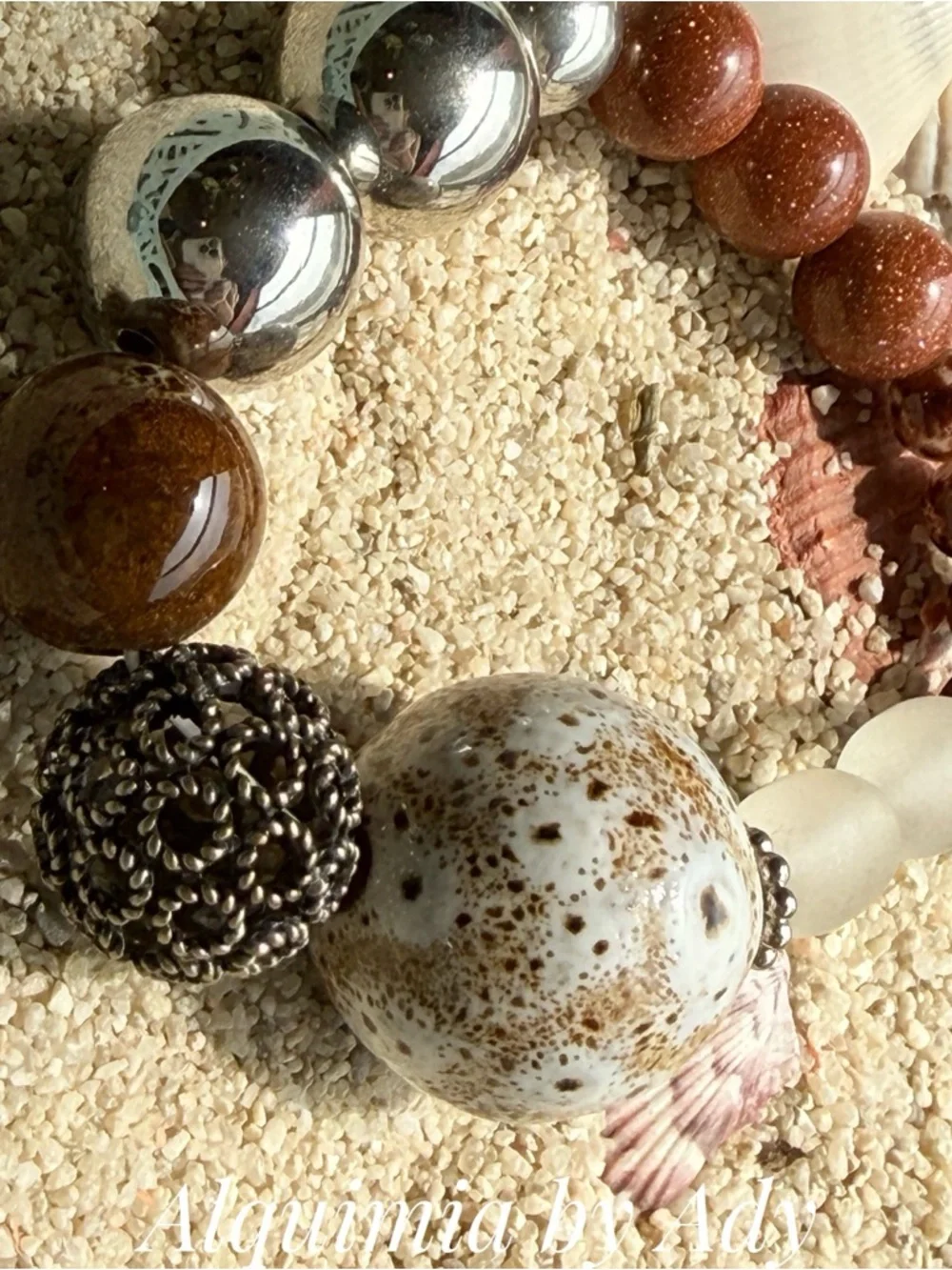 GOLDSTONE Brown, Cream & Silver Mixed-Bead Bracelet